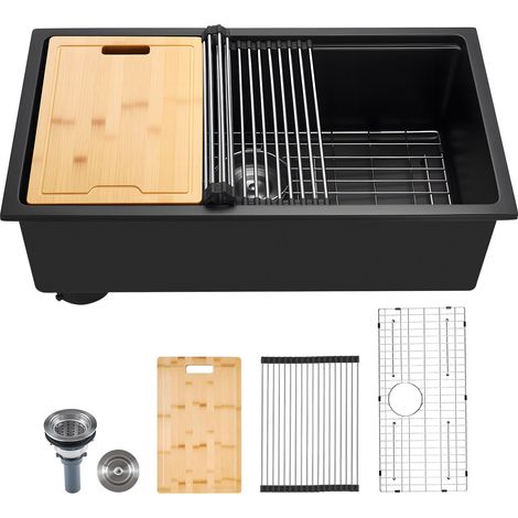 Évier de Cuisine Moderne en Granit de 76,2 cm, Évier sous Plan à Large Cuve Simple, Bac à Laver avec Accessoires Multiples, Nettoyage Facile, pour Camping-car, Maison, Bar, Restaurant, Noir (1/5)