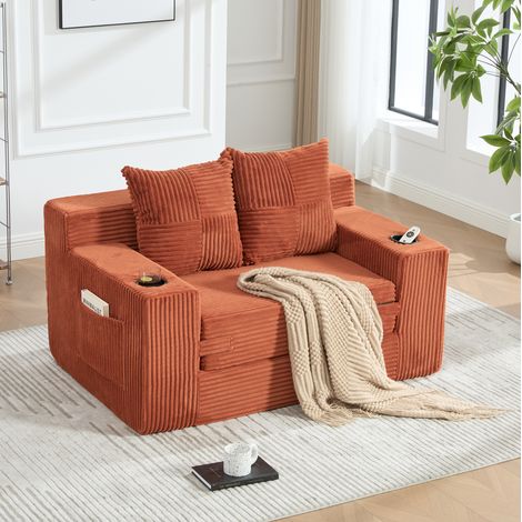 Canapé-lit 2 places en velours côtelé orange, avec 2 coussins, accoudoirs, poches de rangement latérales et assise ergonomique, 150 kg, pour salon – CHICFURN (1/5)