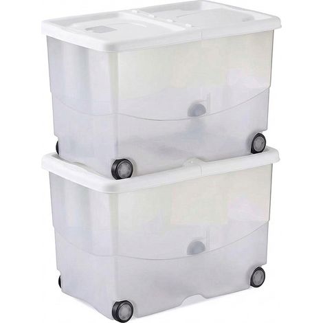 Set 2 Contenitore Multiuso 57 Litri con 4 Ruote Coperchio bianco Doppia Apertura Box Organizer casa con Tasca Antitarme H36 x L56 x P38 cm in Plastica BPA Free portaoggetti salvaspazio Made in Italy (1/5)