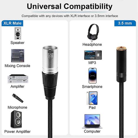 Adaptateur microphone avec câble de 0,3 m, connecteur XLR mâle 3 broches vers connecteur femelle 3,5 mm (1/4)