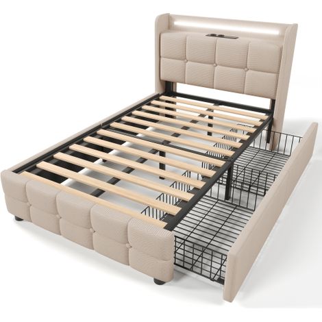Lit rembourré avec tête de lit dotée d'un port de charge USB, d'un éclairage LED et de deux tiroirs taille une place (90 x 200 cm) comprend le cadre de lit, le sommier à lattes en bois et le matelas (1/5)