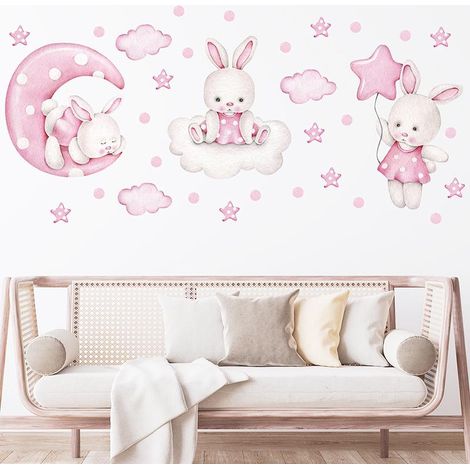 Décor Mural Personnalisé Lapins et Ballons Rose, Autocollants Muraux Aquarelle Animaux avec Prénom, Sticker Enfant Chambre Bébé Fille Salle de Jeux