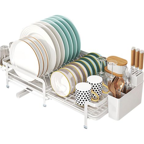 Egouttoir Vaisselle Extensible Égouttoir à Vaisselle sur Cuisine Evier Metal Dish Drying Rack avec Plateau Dish Drainer avec Porte Couverts et Porte Tasse (Blanc) (1/5)