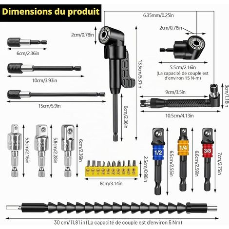 embouts de visseuse d'angle à 105° avec barres d'extension autobloquantes pour trous de vis profonds jusqu'à 15 cm, idéal pour les espaces étroits, la maison et le garage (1/4)