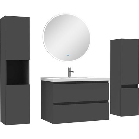 Ensemble meubles Salle de Bain 80cm vasque + colonne + miroir rond mural Anthracite
