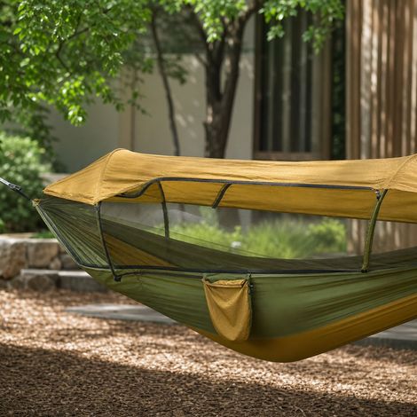 Hamac Double Anti-Moustiques avec Moustiquaire et Toit, Nylon 210T Respirant 260x140cm, Idéal pour Camping Jardin Plage