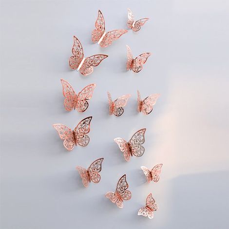 36 autocollants papillons 3D - Stickers muraux - Stickers pour chambre - Stickers pour porte de réfrigérateur et fenêtre - Stickers or rose (1/4)