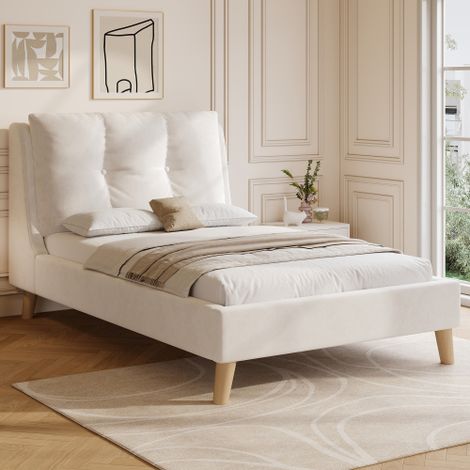 Polsterbett, Einzelbett, Kinderbett , Bett mit Lattenrost und Kopfteil, Bettbeine aus Massivholz, gepolstertes Kopfteil, samt