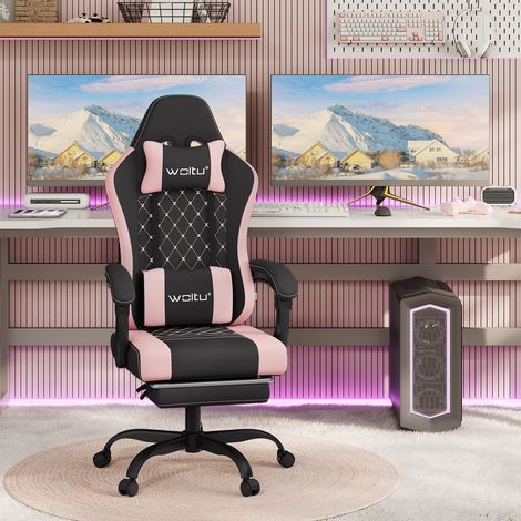 WOLTU Gaming Stuhl ergonomisch, Bürostuhl mit Massagefunktion, Computerstuhl mit Taschenfederkissen, Kopfkissen, Lendenkissen, Drehstuhl mit Fußstütze, aus Netzstoff, Schwarz+Rosa