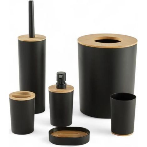 6 pièces accessoires salle de bain, design minimaliste en plastique et bambou, set complet pour WC et lavabo (1/3)