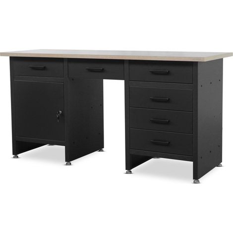 Werkbank mit Arbeitsplatte Werktisch mit 6 Schubladen Schließfach Verstellbare Füße MDF-Arbeitsplatte Belastbar bis 500 kg Metall 170 cm x 60 cm x 85 cm Schwarz (1/6)