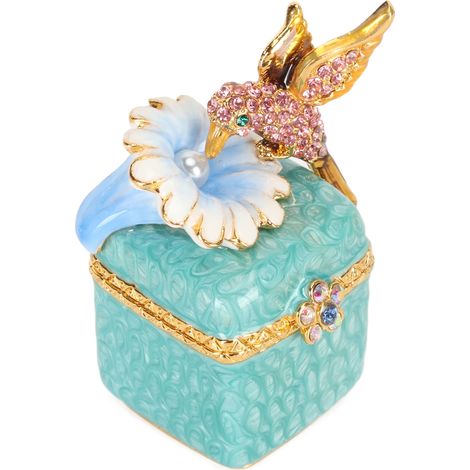 Boîte à bijoux en forme de statue d'oiseau, décoration peinte à la main, mini charnière en métal, rangement pour bagues, boucles d'oreilles, colliers, bleue. (1/5)