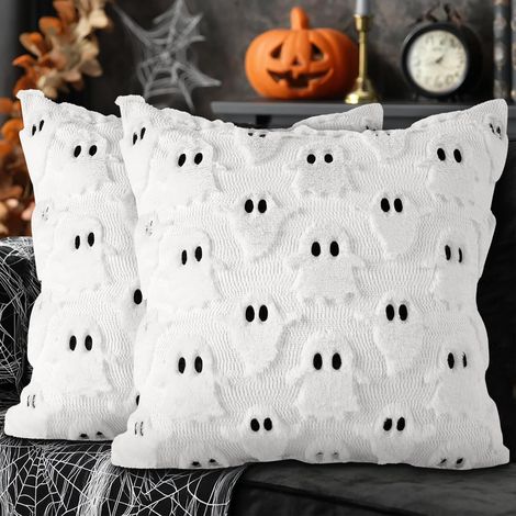 18x18 Halloween Ghost Cushion Cover Set of 2, Cute Two Eyed Ghost Throw Pillow Cases Soft Plush 45 x 45 cm Throw Pillow Covers for Indoor Home Bedroom Couch Sofa Decor (White) (1/5)