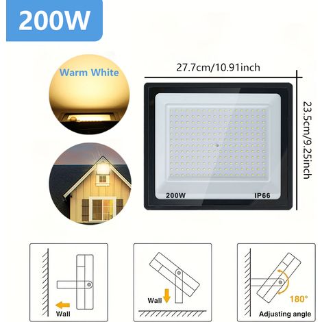 200W LED Flutlichtstrahler Warmweiß, IP66 Wetterfest, 18000 lm, 180° Verstellbar, Außenleuchte für Garten, Garage, Hof und Fassade