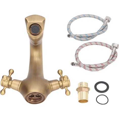 Robinet de lavabo laiton style rétro européen, étanche et résistant à la corrosion, mitigeur mono-perçage avec 2 flexibles (1/5)