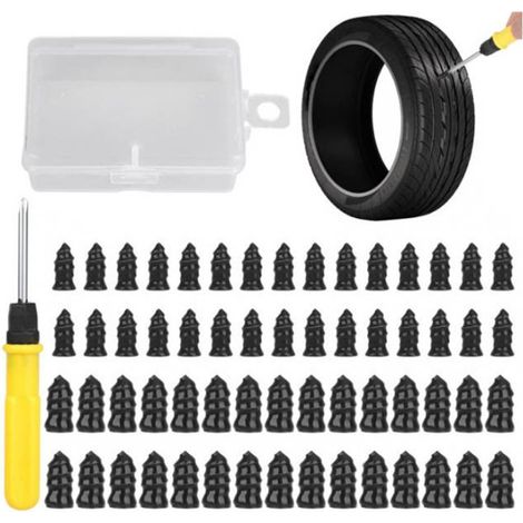 Kit de réparation pour pneus tubeless - 30 grandes pièces - 30 petites pièces - Tournevis jaune - Boîte de rangement transparente - Outils pour la réparation des pneus tubeless de voitures, motos et v (1/2)