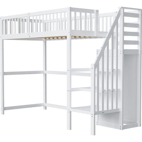 Lit mezzanine 90×200 cm avec escalier, modèle enfant en bois blanc. Équipé d'une étagère de rangement et d'une armoire simple. (1/5)