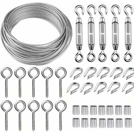 AGE Kit de cable métallique en acier inoxydable de 30 m/2 mm avec tendeur de fil robuste M5, kit de rouleau de fil de clture, kit de garde-corps de cable, tendeurs de fil de jardin pour plantes grimpa (1/3)