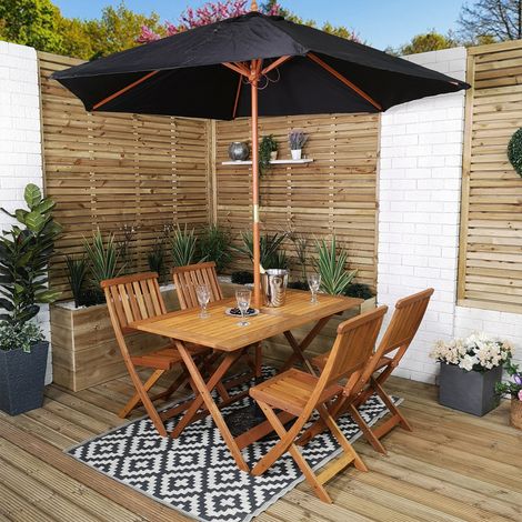 Outdoor 4 Person Folding Rectangular Wooden Garden Patio Dining Table Chairs Parasol and Base Set (1/5)
