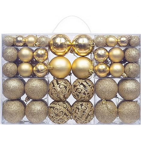 Juego de 100 adornos navideños de plástico resistente para interiores y exteriores, ideales para decorar árboles de Navidad. Color dorado. (1/4)