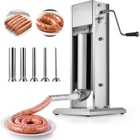 Poussoir à Saucisses Manuel Capacité 5 L, Machine à Saucisses Verticale en Acier Inoxydable, Ensacheuse à Double Vitesse, avec 5 Tubes de Remplissage, pour Cuisine, Domicile, Restaurant (1/5)