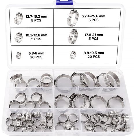 60 Pièces 6 Tailles 6.8-25.6 mm Oreille Simple Tuyau Colliers de Serrage Réglable, Collier de Serrage en Acier Inoxydable à Simple Oreille, pour Plomberie et Utilisation Automobile (1/5)