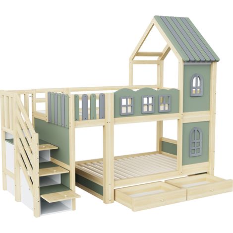 Letto a castello per bambini 90 x 200 cm con tetto, scala contenitore e cassetti, verde HOMVRA (1/5)