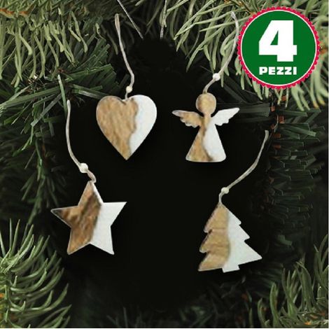 TrAdE Shop Traesio - 4 Appendini Natale In Legno Ovatta Forma Stella Albero Angelo Cuore 11cm Bianco - (1/3)