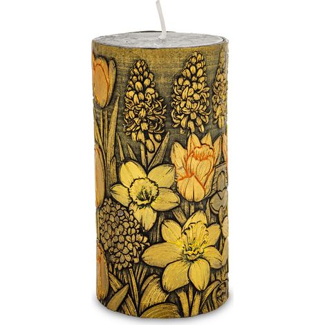 Mittlere zylindrische Kerze mit Blumenmuster, schwarz, grasgrün, 14x7x7 (1/5)