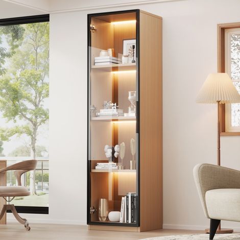 Libreria a colonna con vetrina - L40xH165xP40 cm - Anta in vetro temperato e illuminazione a LED - Chiusura ammortizzata - Rovere - Oak (1/5)
