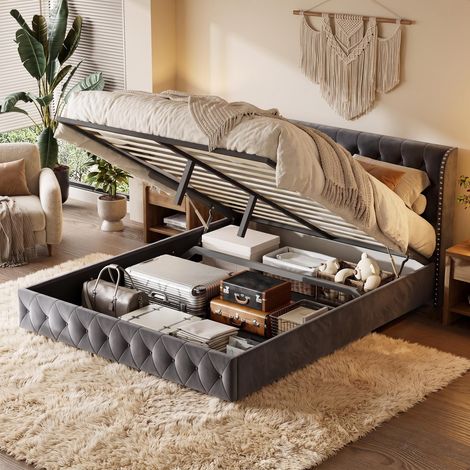 Cama canapé abatible 140x190 cm con somier de láminas - cama doble de matrimonio con cabecero tapizado de terciopelo - gris oscuro (1/5)