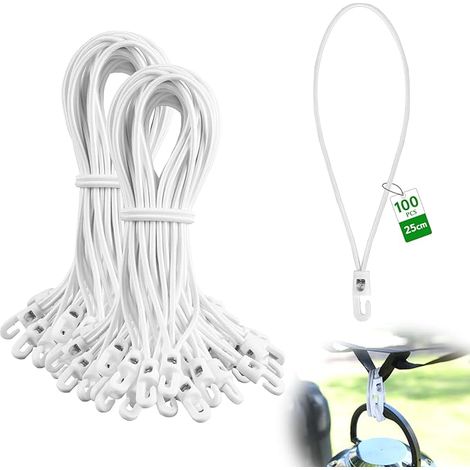 100 Pieces Elastic Bungee Cord with Hooks, 25 cm Diameter 4 mm, Extender with Hooks White Elastic Sandow for Tarpaulins, Camping, Tents, Trailer Tarps, Pool Cover (1/5)