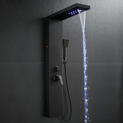Panneau Colonne de Douche LED Entièrement Noir, 5 Modes avec Mitigeur - Cascade/Pluie/Jets de Massage/Douchette/Bec de Baignoire, Colonne de Douche Hydromassante Acier Inoxydable, Montage Mural (1/5)