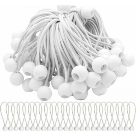 Paquet de 50 tendeurs élastiques blancs de 200mm, cordon élastique avec boule, boules élastiques extensibles pour chapiteaux, tentes, bannières et bâches