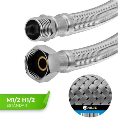 Tuyaux standard M1/2 H1/2 30 cm en acier inoxydable, EPDM non toxique, laiton nickelé, paquet de 10 unités.