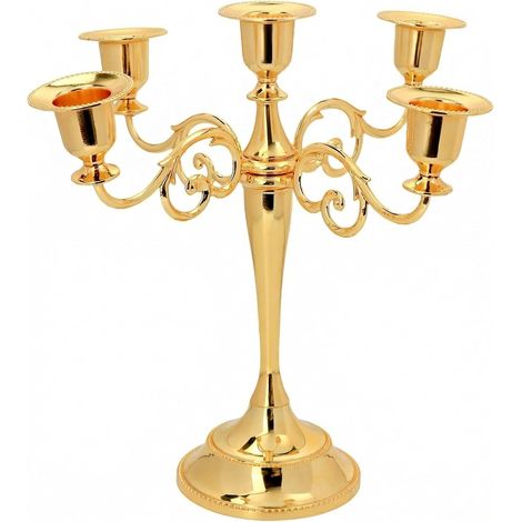 Chandelier Bougeoirs à 5 Bras, 27 cm, Or Élégant, Alliage de Zinc, pour Décoration de Fête, Mariage, Table à Manger (1/5)