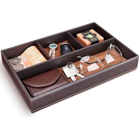 Leder-Ablagefach, 4-Fächer-Schubladenorganizer für Nachttisch und Schreibtisch, Aufbewahrungsbox für Schlüssel, Geldbörse, Handy, Uhren, Schmuck, Geld, Manschettenknöpfe (Braun) (1/5)