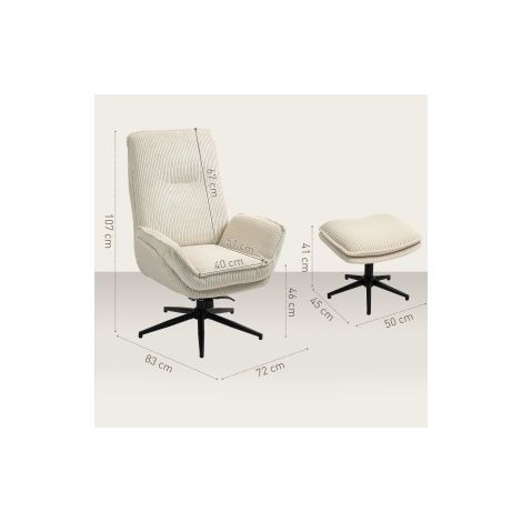 Fauteuil relax beige avec pouf pivotant à 360 et dossier inclinable, revêtement effet velours côtelé, pour salon et chambre (1/5)