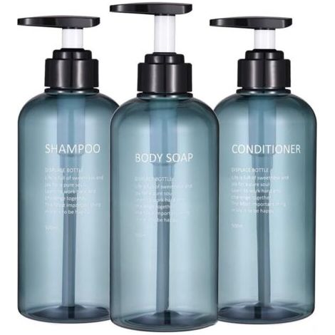 BUNTHAUS Lot de 3 flacons rechargeables de 500 ml pour shampooing, gel douche et détergent (bleu) (1/5)