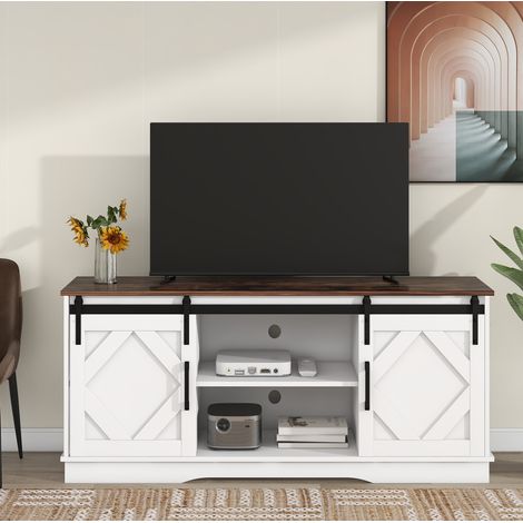 Meuble TV 150x40x60 cm en panneaux de bois blanc et marron, avec rangement pour salon FLORAGRACE (1/5)