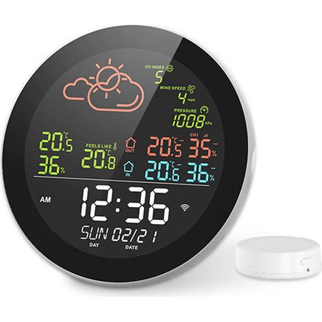 Station météo connectée, thermomètre sans fil avec horloge atomique numérique, grand écran, moniteur d'humidité de la température intérieure et extérieure (1/5)