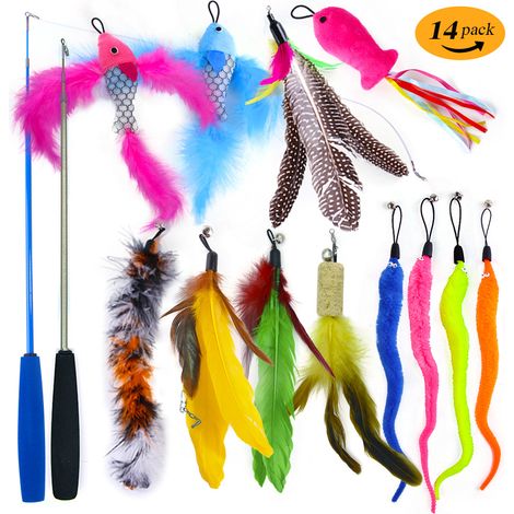 Einziehbare Katzenangel-Spielzeuge, 14er-Pack interaktives Katzenfeder-Spielzeug, 8A