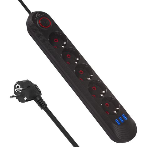 MACLEAN MCE394/MCE395 MULTIPRISE USB 2500W 1,5M COMPACT AVEC INTERRUPTEUR, PORTS USB ÉCLAIRÉS À 45° MONTAGE MURAL (NOIR, 5