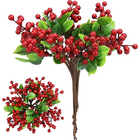 Rameaux De Baies Rouges - Décor De Noël Artificiel - Pour Couronnes Guirlandes Et Vases - Longueur 25 Cm - Lot De 6 (1/5)