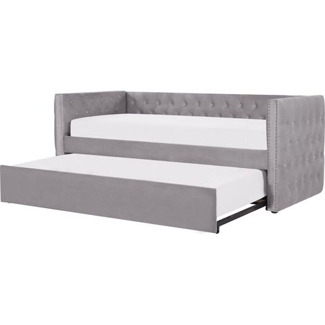 Cama nido tapizada en terciopelo gris 90 x 200 cm marco de listones adornos de clavo abotonada estilo glam Gassin