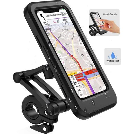 Support téléphone moto étanche, support smartphone scooter 360° avec housse anti-pluie, fixations robustes pour guidon de moto et scooter (1/5)