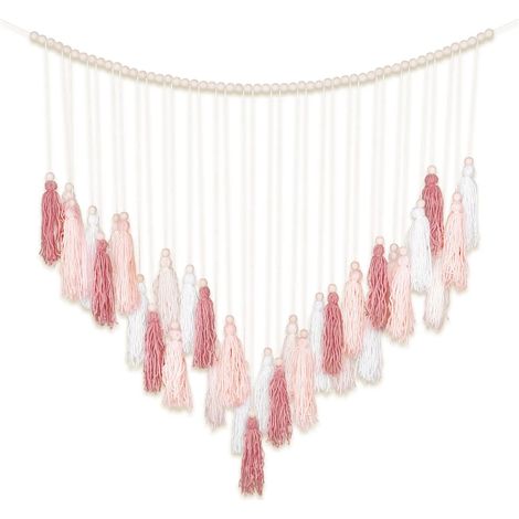 Gran tapiz de macramé para pared, decoración bohemia para el hogar, borlas rosa pálido, decoración de pared bohemia (1/5)