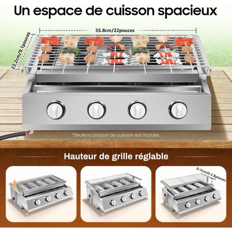 Barbecue à gaz de table à 4 brûleurs, en acier inoxydable, 4 flammes, 2800 Pa, avec grille amovible, bac récupérateur de graisse, 4 pieds de 55,8 x 23,2 cm, pour balcon, jardin et terrasse (1/5)