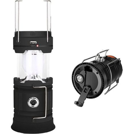 Lanterne LED Rechargeable Solaire/USB, Lampe Camping Puissante, 2 Modes Lanterne de Jardin Portable, Torche 360° Eclairage Suspendue avec Etanche pour Bivouac/Secours/Garage/Cave/Pêche(Noir) (1/5)