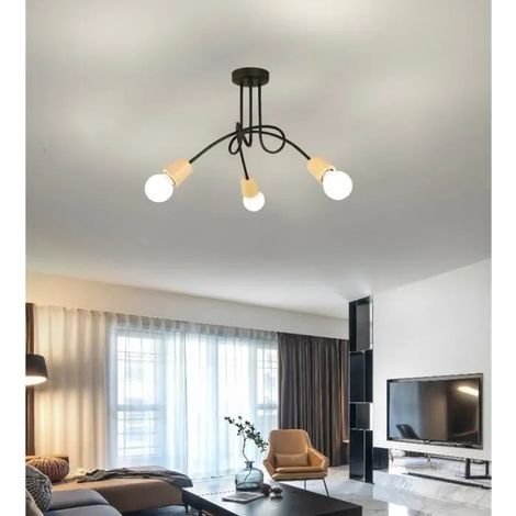 Lustre Plafonnier Industrielle en Métal Bois Style Nordique Noir pour Salon Chambre (1/4)